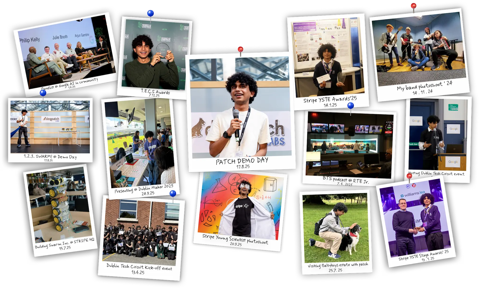 A collage of Arjun speaking, presenting robotics projects, receiving awards, and performing with a band