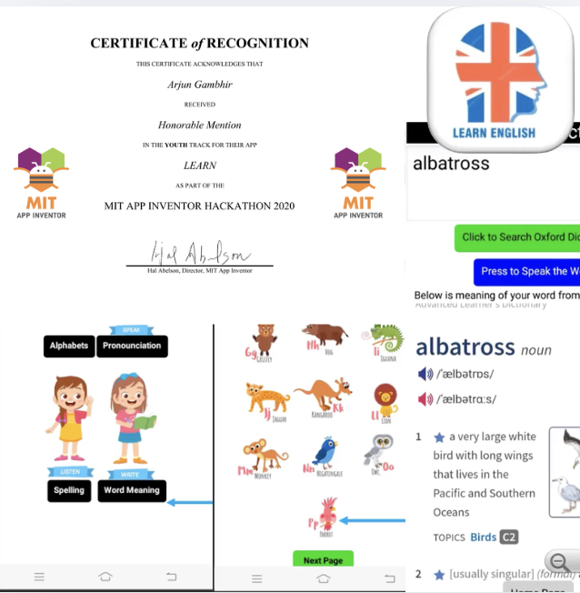 LEARN English app screens and MIT App Inventor Hackathon recognition