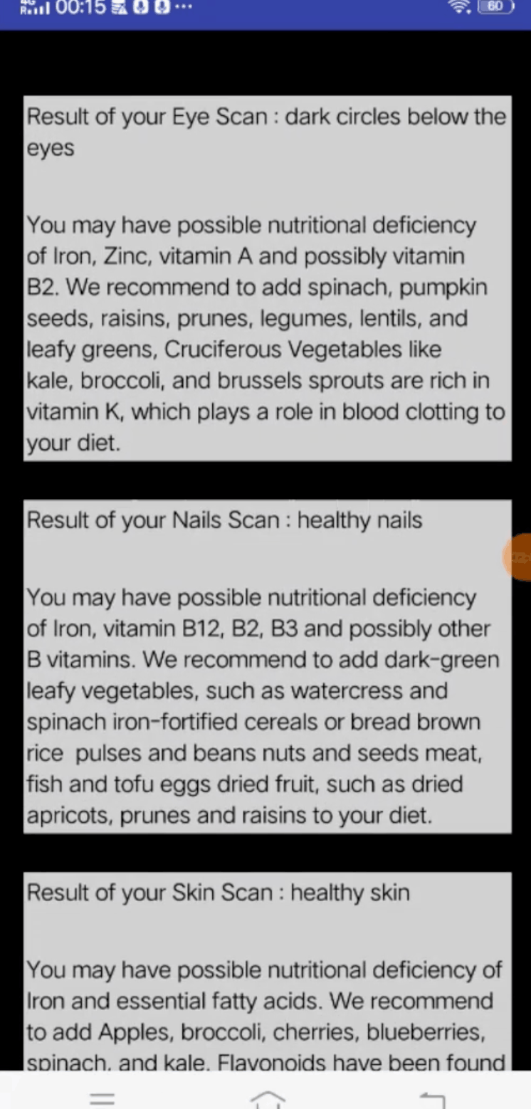 Pocket Doc results screen with possible nutritional deficiency guidance