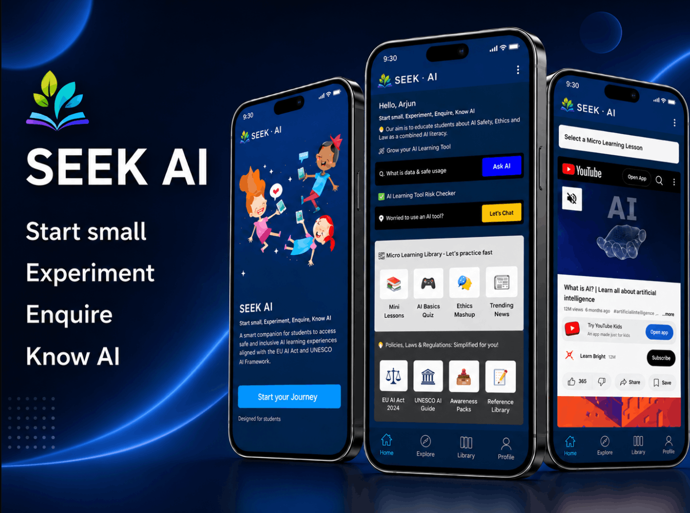 SEEK AI identity and three mobile application screens showing lessons, risk checks, and learning resources