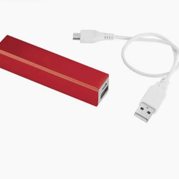 Red USB battery pack and charging cable used during early Swarm Inc. power testing