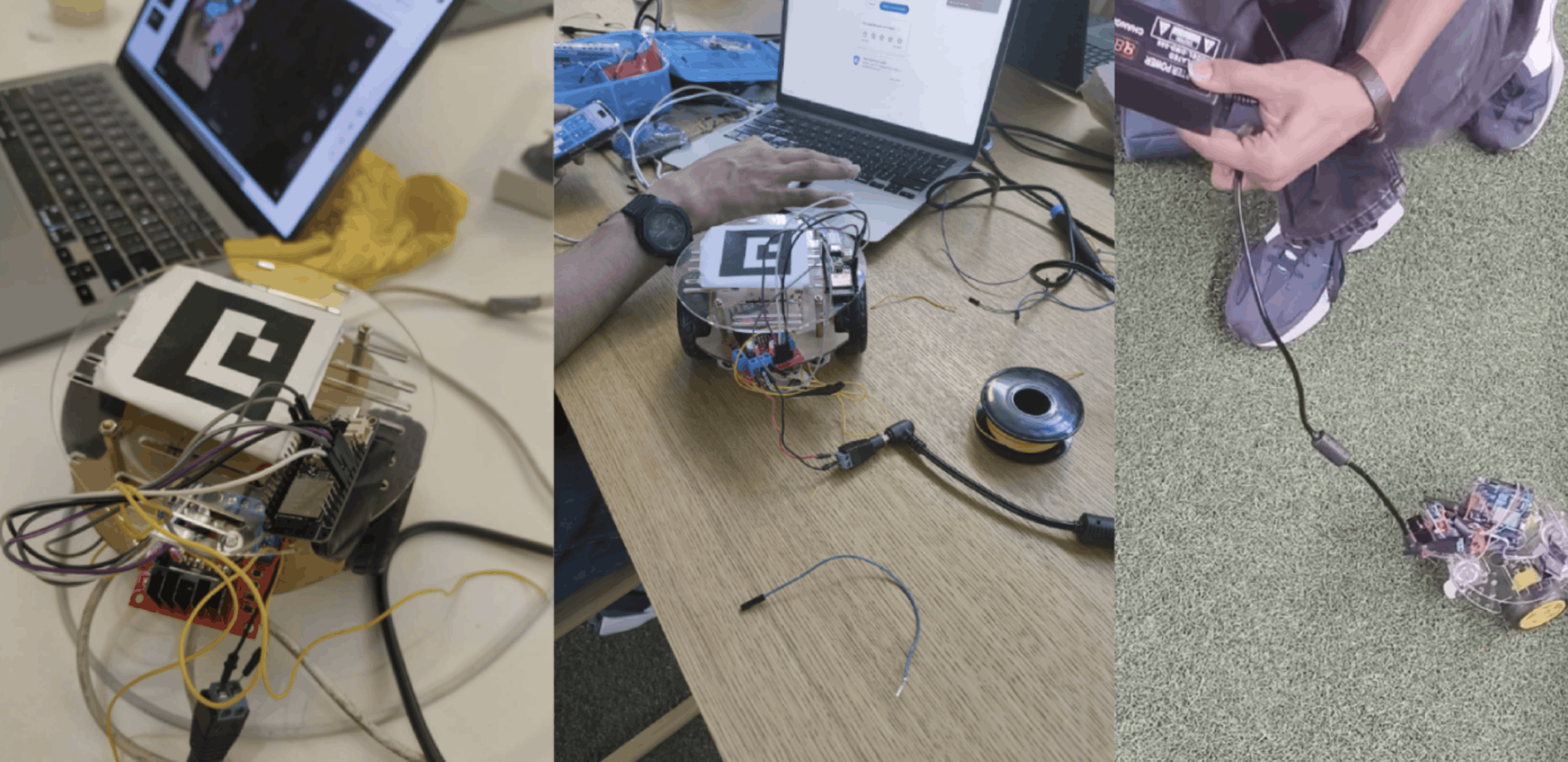 Three views of a custom Swarm Inc. robot being assembled and tested