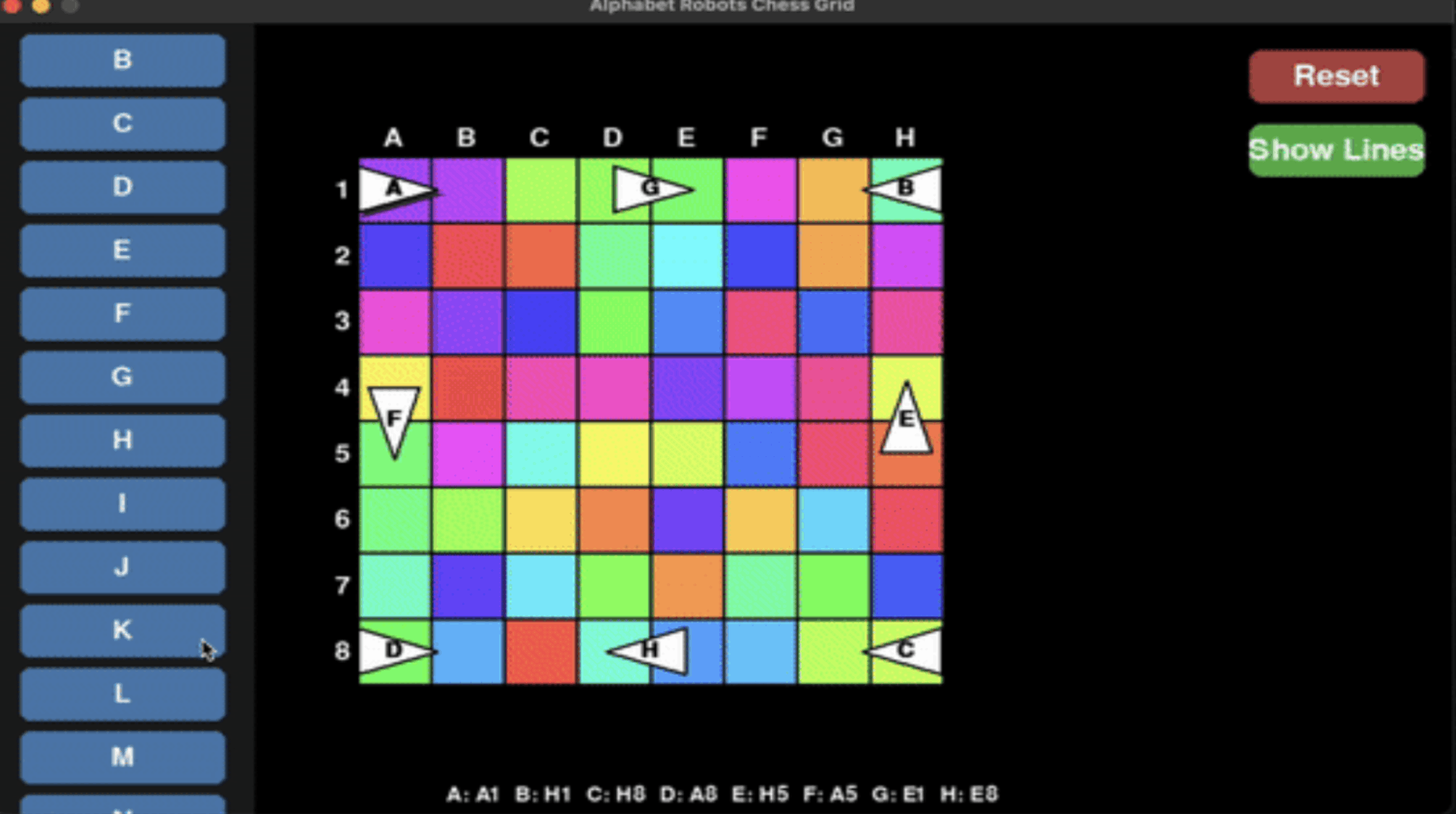 Alphabet robots positioned across a coloured virtual grid