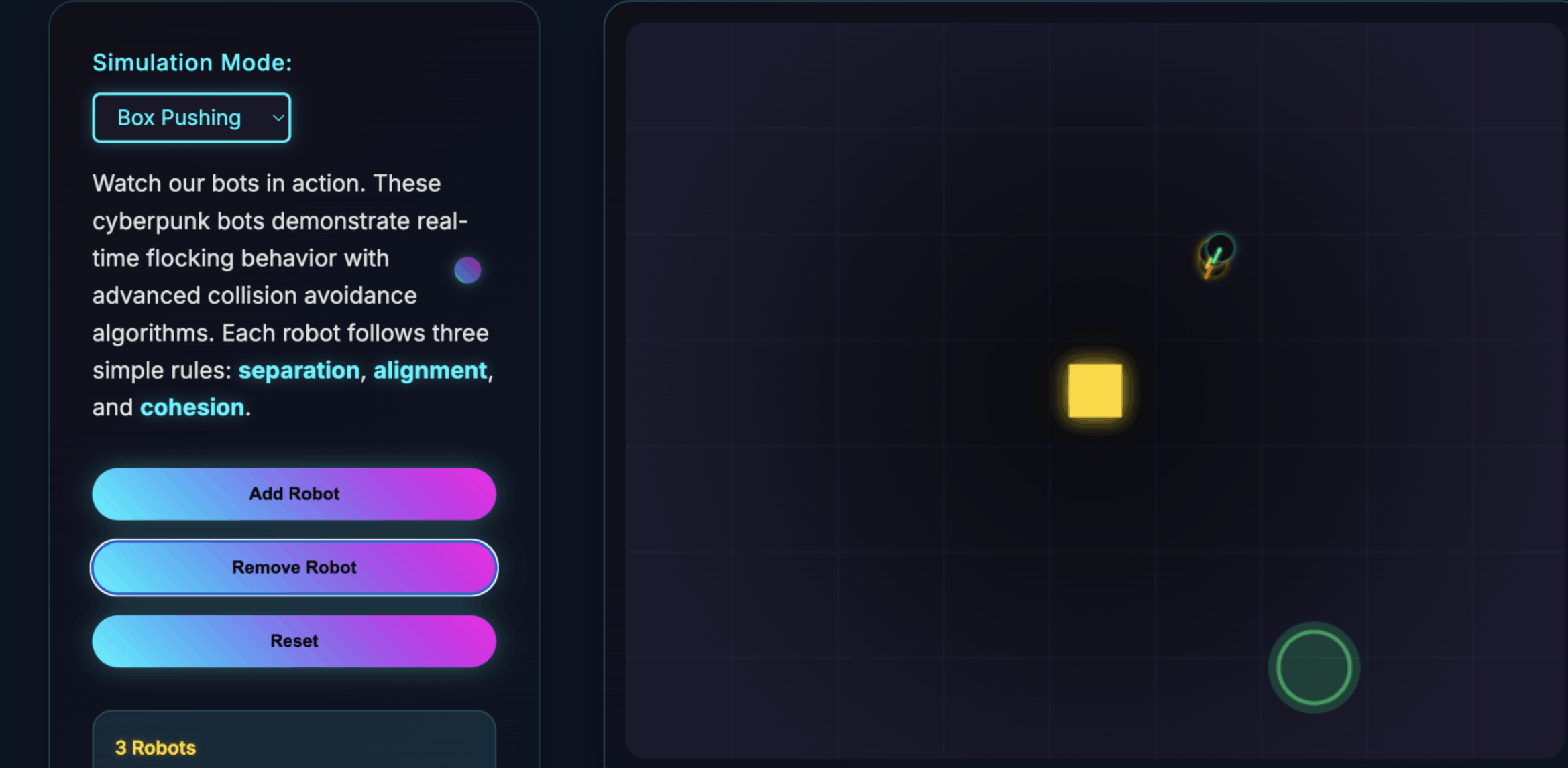Swarm Inc. box-pushing simulation with robots coordinating around a target
