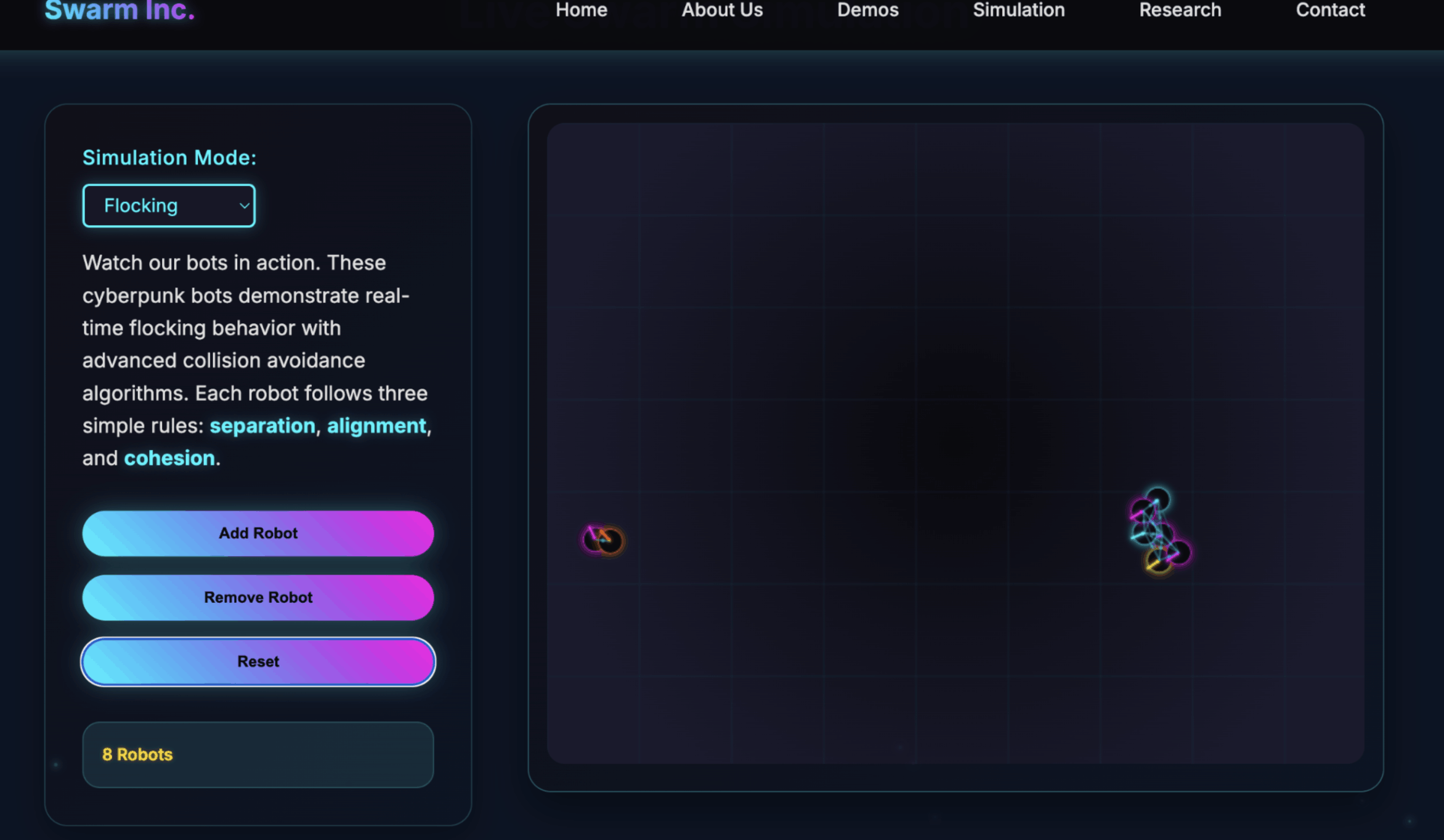 Swarm Inc. flocking simulation with glowing robots following separation, alignment, and cohesion rules